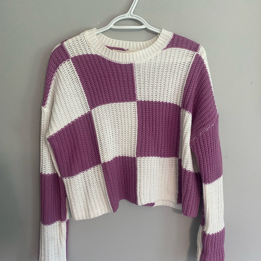 moon & madison Purple and White Checkered Crew Neck Sweater
